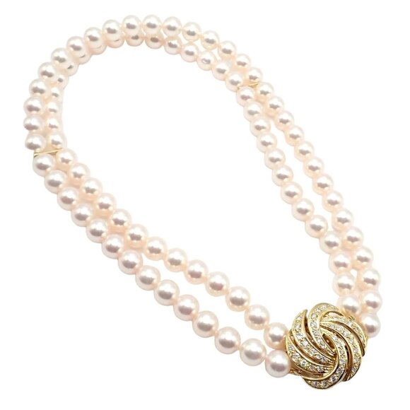 Authentic! Mikimoto 18k Yellow Gold Diamond Double Strand 8mm Pearl Necklace - Picture 6 of 16
